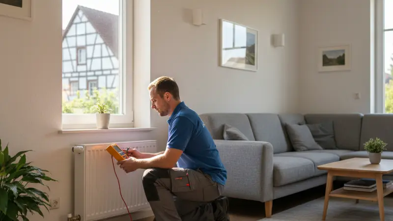 Heizungstechniker führt hydraulischen Abgleich an einem Heizkörper durch