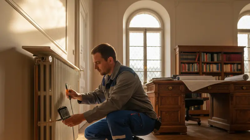 Heizungstechniker misst die Rücklauftemperatur an einem Heizkörperanschluss