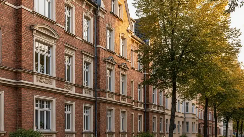 Typischer deutscher Altbau mit Backsteinfassade, winterliche Stimmung