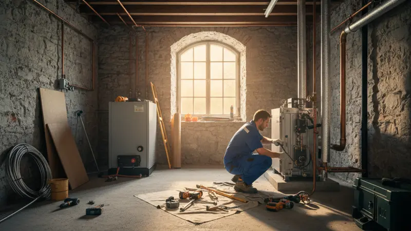 Zertifizierter Fachhandwerker installiert eine Wärmepumpe im Heizungskeller