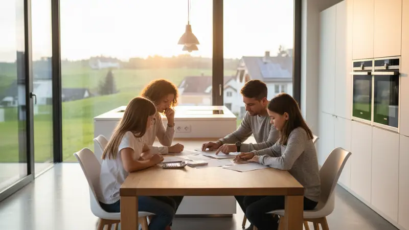 Familie berechnet Heizkosten am Küchentisch mit Unterlagen und Taschenrechner