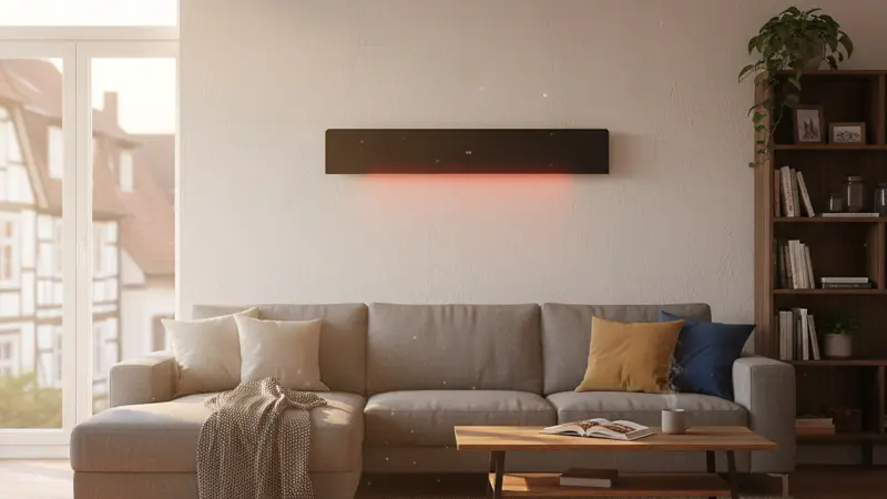 Modernes Infrarotheizpanel an einer weißen Wohnzimmerwand neben einem Sofa