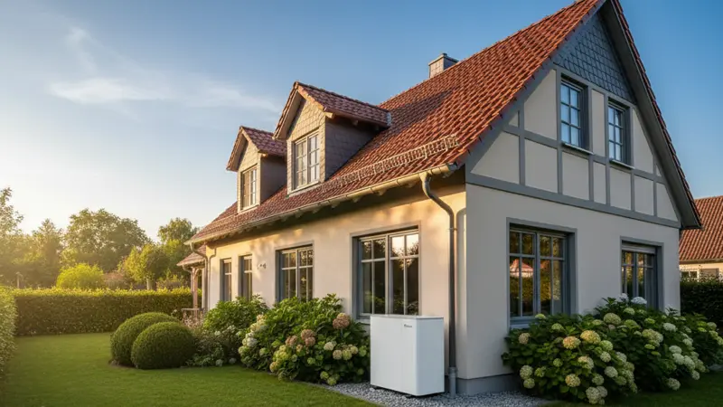 Luft-Wasser-Wärmepumpe neben einem deutschen Einfamilienhaus mit grünem Garten