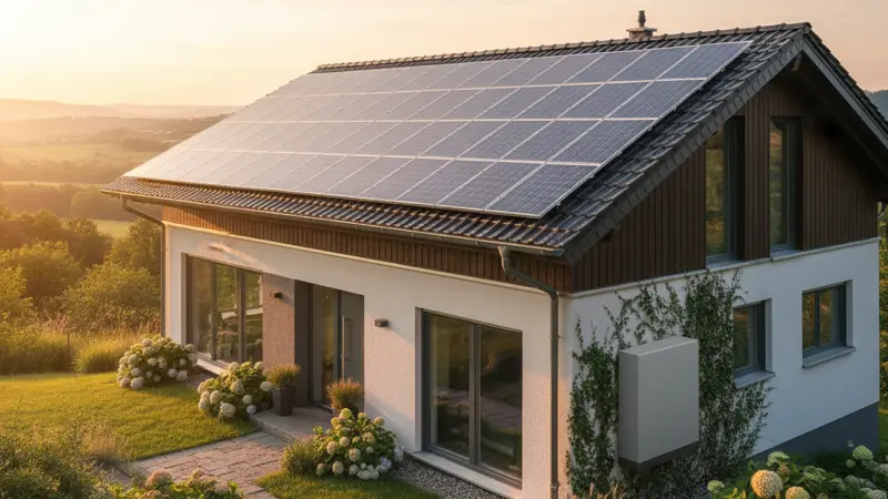 Einfamilienhaus mit Solaranlage auf dem Dach und Wärmepumpe an der Seite