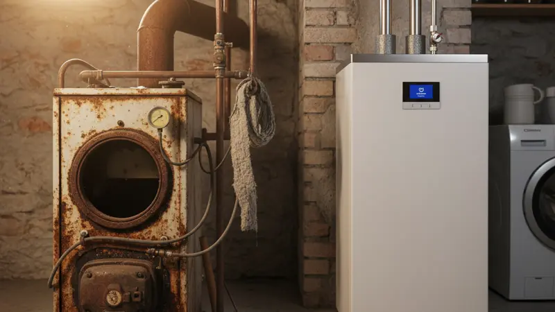Vergleich einer alten Gasheizung mit einer modernen Wärmepumpe im deutschen Heizungskeller