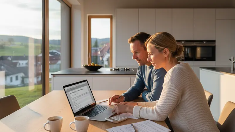Deutsches Ehepaar am Küchentisch mit Laptop und Dokumenten bei der KfW Antragstellung