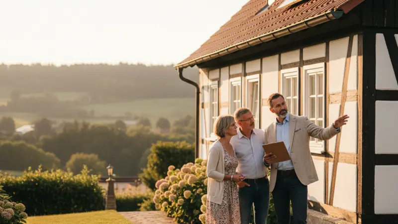 Energieberater im Gespräch mit Hauseigentümern vor einem deutschen Altbau