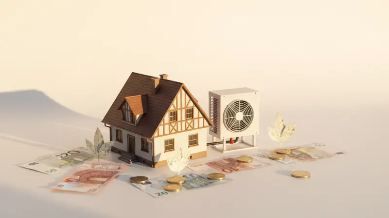 Euro-Geldscheine und Münzen neben einem Modellhaus mit Wärmepumpe als Symbol für KfW Förderung