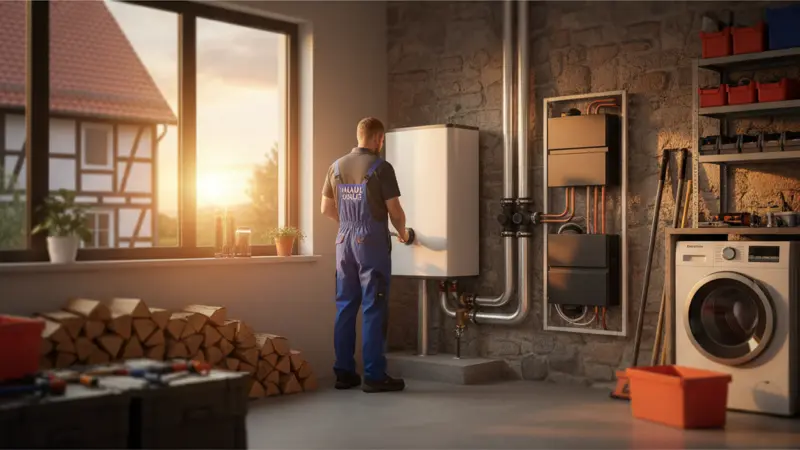 Fachbetrieb-Monteur installiert Wärmepumpe im Technikraum eines deutschen Hauses