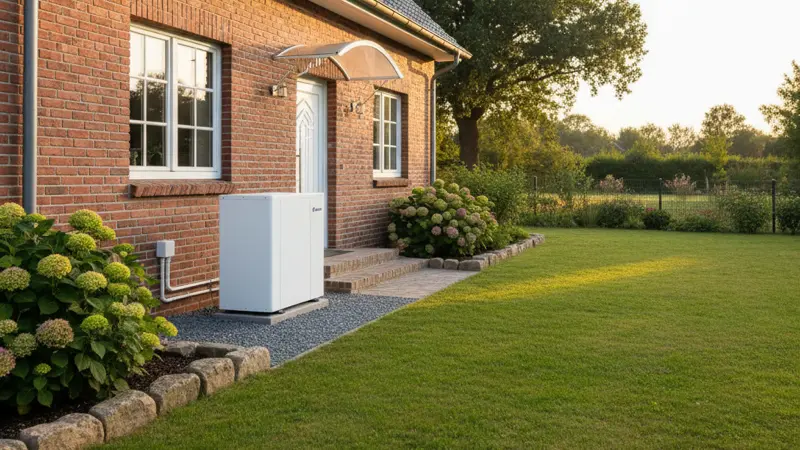 Moderne Luft-Wasser-Wärmepumpe neben einem deutschen Einfamilienhaus mit gepflegtem Garten