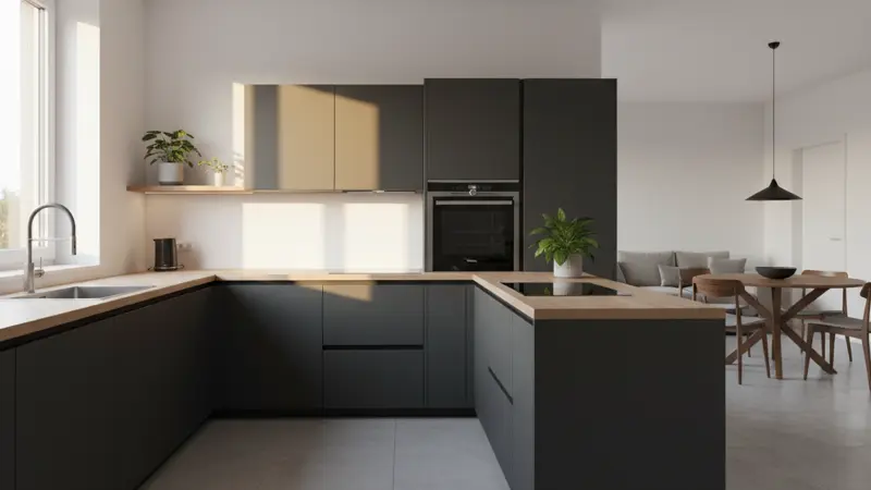 Moderne Einbauküche mit dunklen Fronten und Holzarbeitsplatte in einer hellen Wohnung