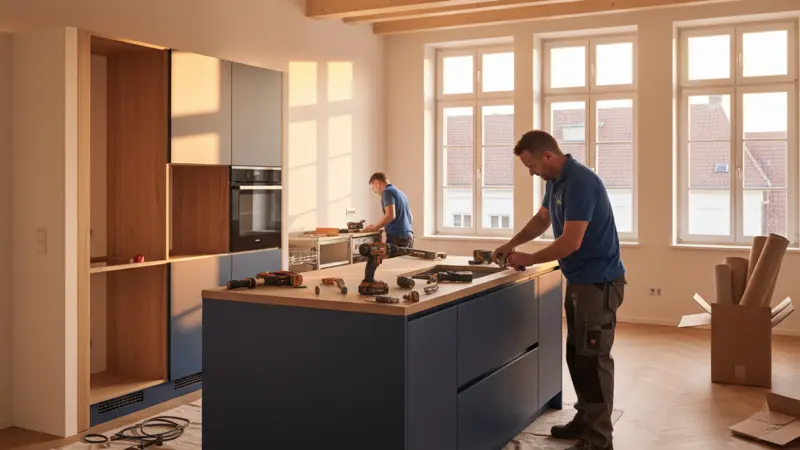 Küchenmonteur installiert eine Einbauküche in einer deutschen Wohnung