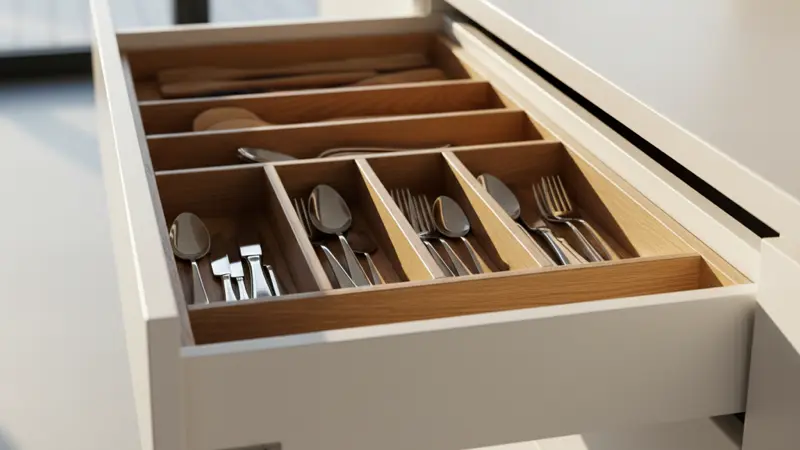 Nahaufnahme einer hochwertigen Küchenschublade mit Besteckeinsatz und Soft-Close Mechanismus