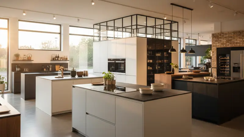 Eleganter Küchenstudio Showroom mit mehreren modernen Ausstellungsküchen in warmer Beleuchtung