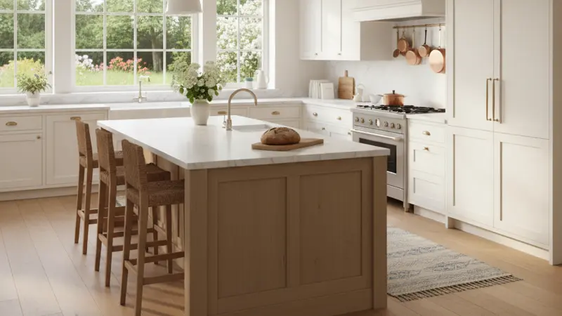 Helle moderne Landhausküche mit Kochinsel in einer deutschen Wohnung