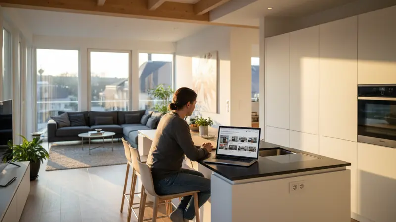 Person sucht am Laptop nach Abverkaufsküchen auf einer Vergleichsseite