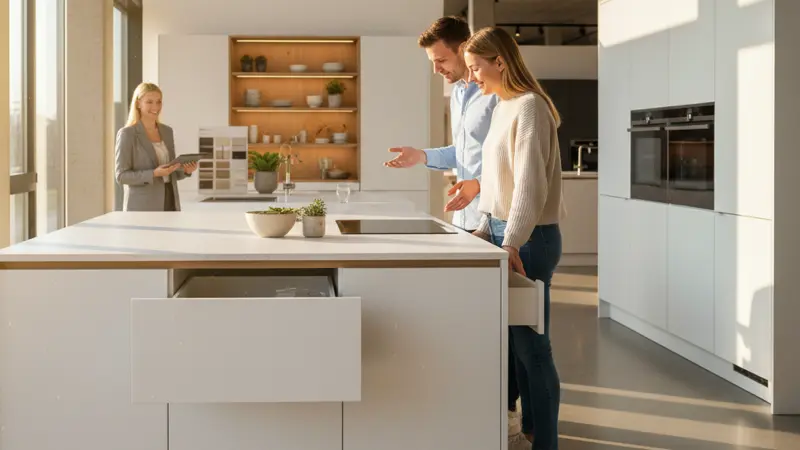 Junges Paar begutachtet eine Ausstellungsküche im Küchenstudio