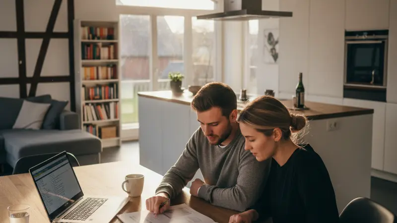 Paar vergleicht mehrere Küchenangebote am Tisch mit Taschenrechner und Laptop