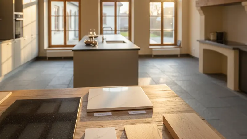 Verschiedene Arbeitsplatten-Materialien als Muster auf einem Ausstellungstisch: Granit, Quarz, Laminat und Massivholz