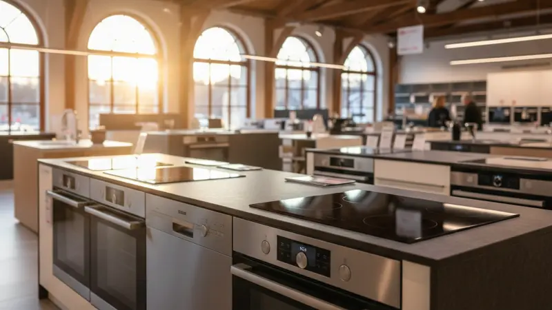 Moderne Einbau-Küchengeräte in einer Ausstellung mit Backöfen, Geschirrspülern und Induktionskochfeldern