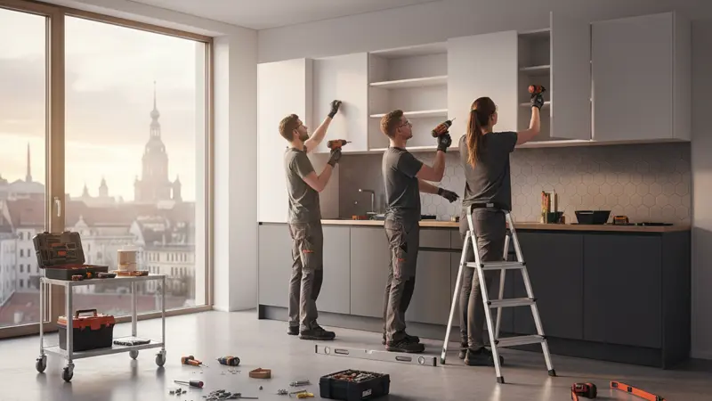 Professionelles Montageteam installiert Oberschränke in einer modernen Küche