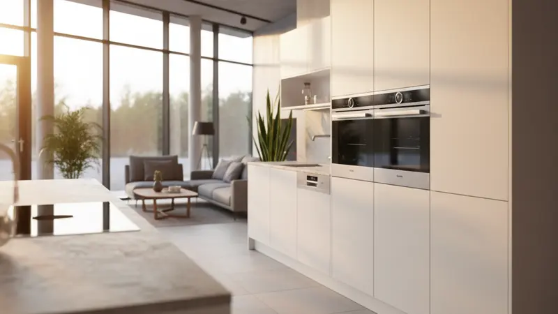 Modernes Küchenstudio mit eleganten weißen grifflosen Küchenfronten und Steinarbeitsplatte