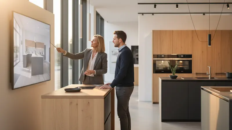 Küchenplaner berät Kunden im Küchenstudio mit 3D-Planung auf dem Bildschirm