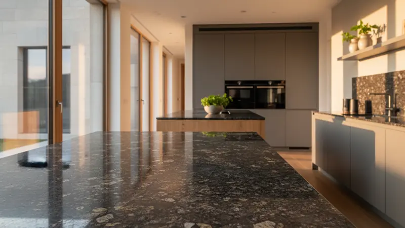 Dunkle Granit-Arbeitsplatte mit natürlicher Steinmaserung in moderner Küche