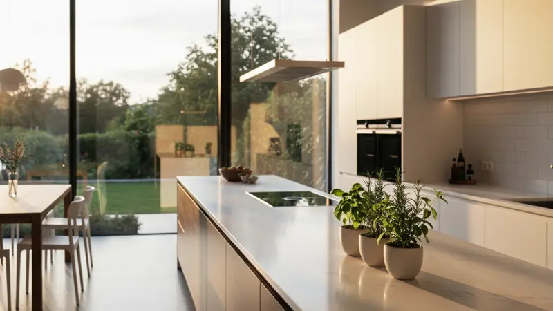 Moderne helle Küche mit eleganter Quarz-Arbeitsplatte und natürlichem Licht