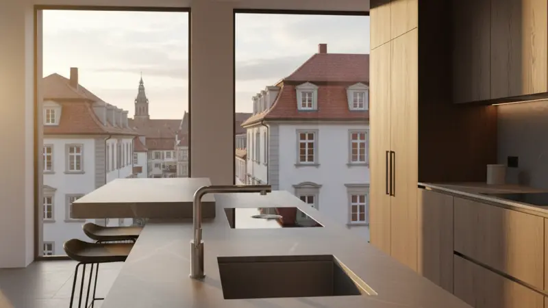 Schlanke Keramik-Arbeitsplatte in moderner minimalistischer Küche