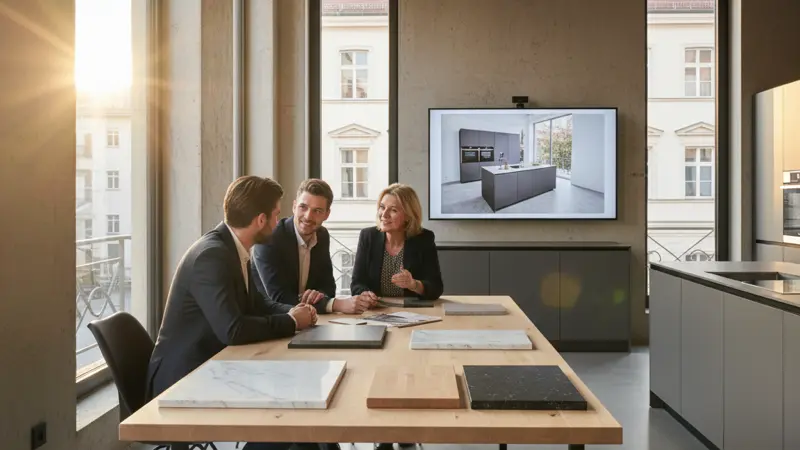 Paar berät sich mit Küchenplaner im Küchenstudio über Arbeitsplatten