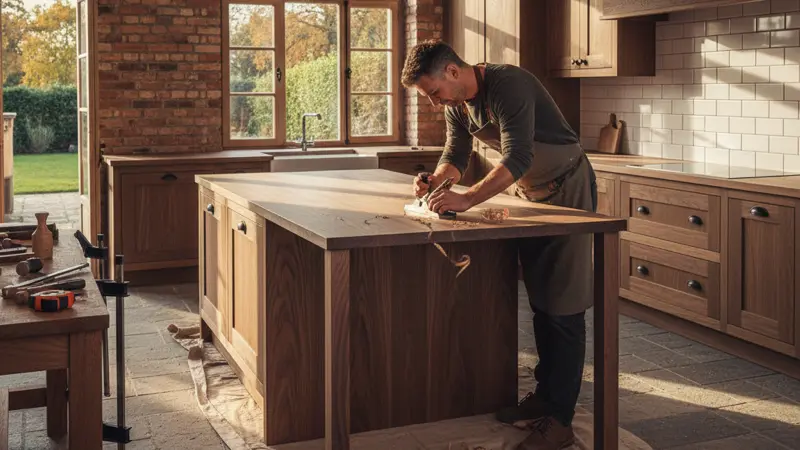 Handwerker installiert eine Massivholz-Arbeitsplatte aus Eiche
