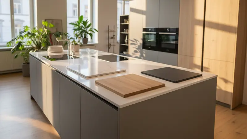 Verschiedene Arbeitsplattenmaterialien nebeneinander: Quarz, Laminat und Holzmuster