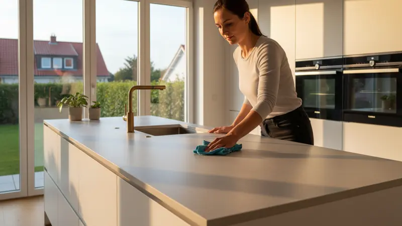 Frau reinigt eine Küchenarbeitsplatte mit einem Mikrofasertuch