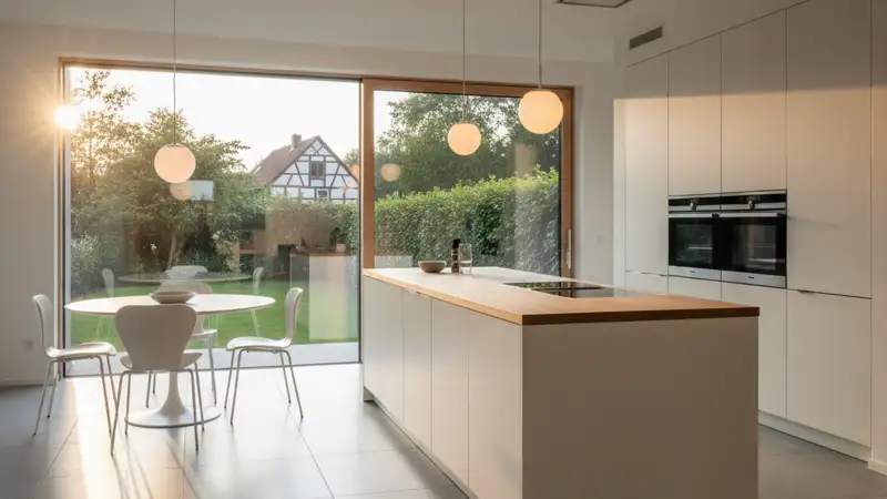 Professionell beleuchtete moderne Küche mit mehreren Lichtquellen