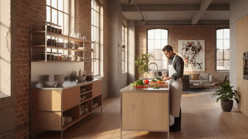 Bulthaup b2 Küche mit offenem Regalsystem und freistehender Arbeitsinsel in einem Loft