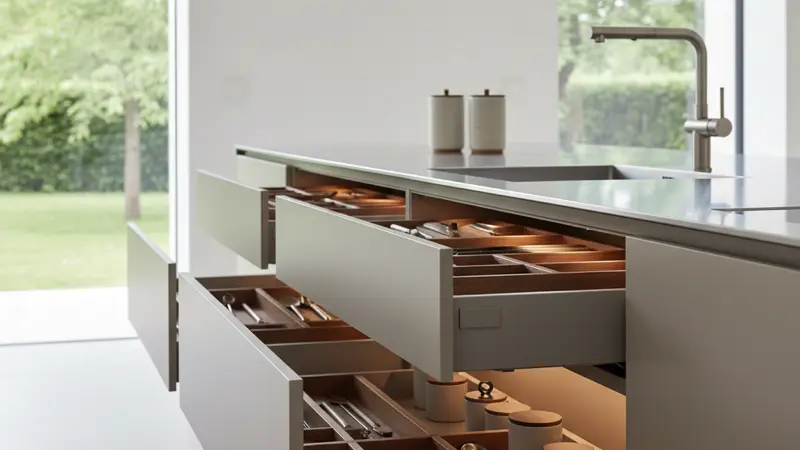 bulthaup b3 Küchensystem mit grifflosen Mattlack-Fronten und offenen Schubladen