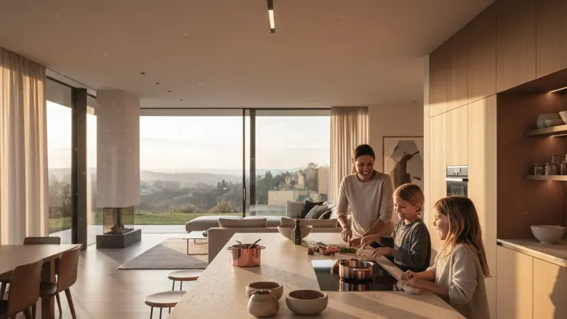 Elegante bulthaup Kochinsel mit Naturstein-Arbeitsplatte in einem gehobenen deutschen Eigenheim