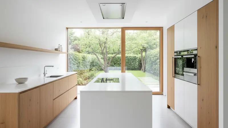 Luxuriöse moderne bulthaup Küche in einem hellen deutschen Loft mit Kochinsel und Eichenholz-Akzenten