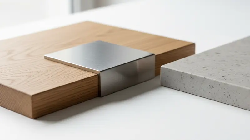 Materialproben für bulthaup Küchen: Eichenholz, Mattlack, gebürsteter Edelstahl und Naturstein