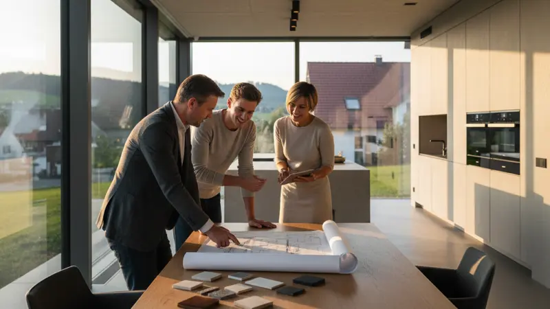 Küchenplaner im Gespräch mit einem Paar bei der Küchenplanung mit Grundrissen und Materialproben