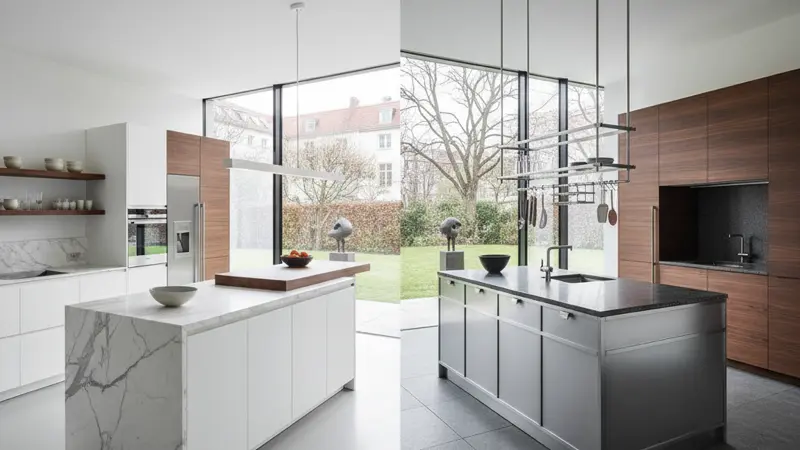Vergleich verschiedener Premium-Küchenstile mit hochwertigen Materialien wie Marmor und Nussbaum