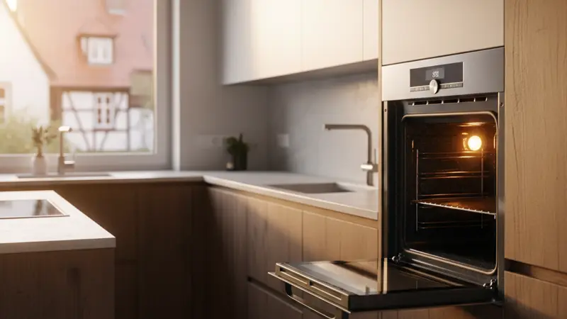 Einbaubackofen mit Pyrolyse-Selbstreinigung in einer modernen deutschen Küche