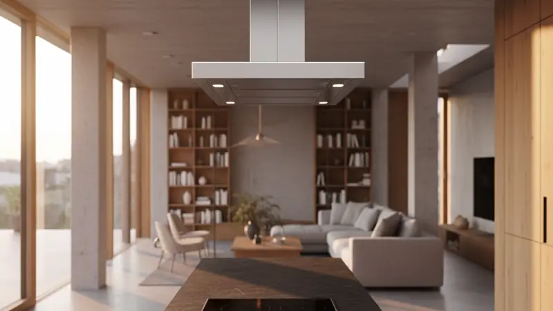 Moderne flache Dunstabzugshaube über einem Induktionskochfeld in einer offenen Wohnküche