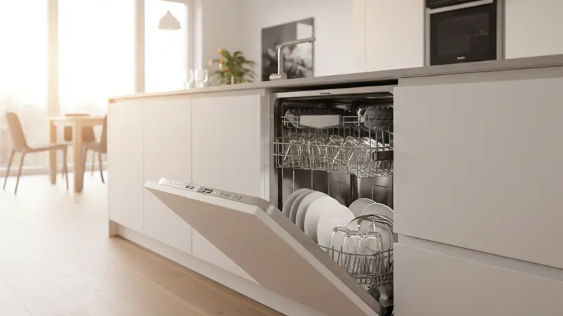 Geöffneter integrierter Geschirrspüler mit sauberem Geschirr in einer modernen Küche