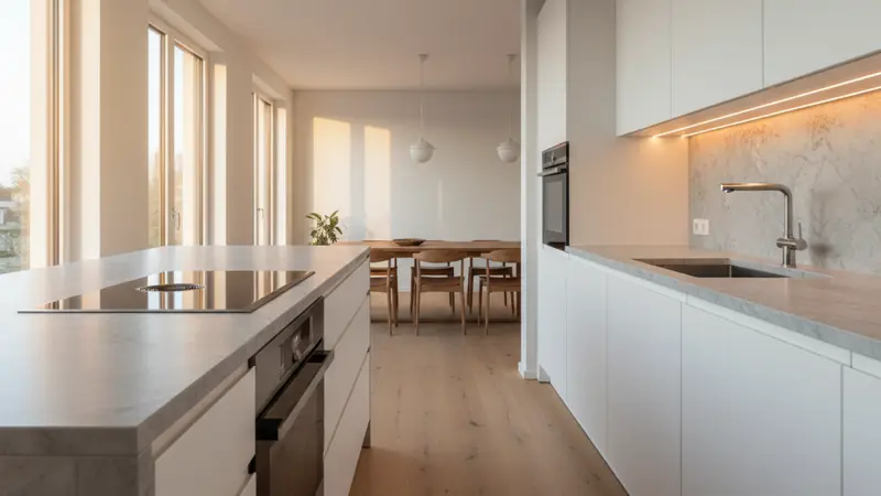 Moderne Einbauküche mit Induktionskochfeld, Einbaubackofen und integriertem Geschirrspüler in hellem Design