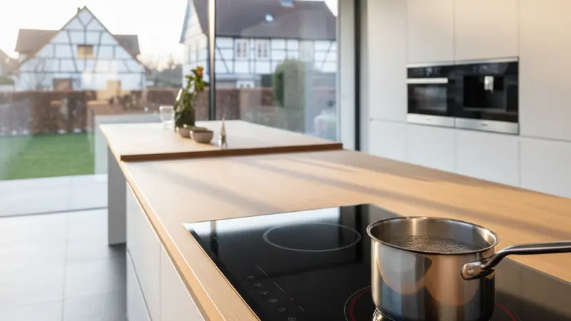 Modernes Induktionskochfeld mit leuchtendem Kochfeld und Edelstahltopf in einer deutschen Küche