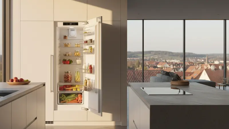 Einbaukühlschrank integriert in moderne weiße Küchenschränke mit geöffneter Tür