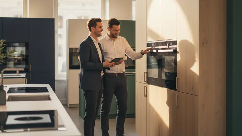 Junges Paar bei der Küchenberatung in einem Küchenstudio