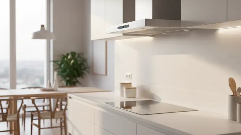 Elegante Edelstahl-Dunstabzugshaube über einem Induktionskochfeld in moderner Küche